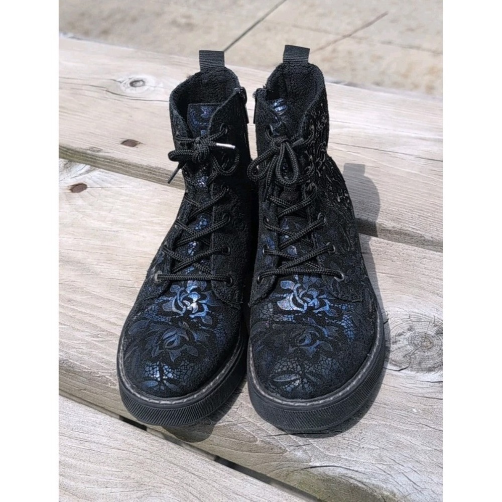 RIEKER Payton Combat Boots Womens US 5-5.5 EU 36 Blue Black Metalic Print 72010 - Picture 2 of 8